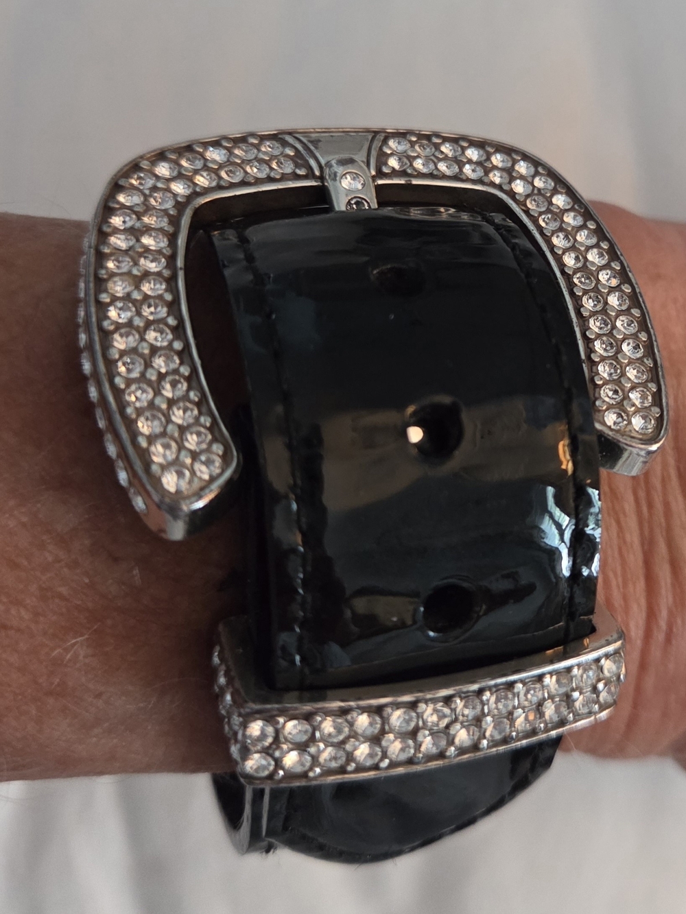 Black Crystal-Accented Leather Strap Bracelet